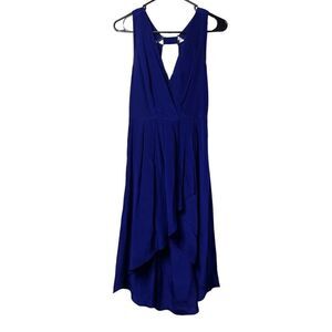 Aryn K. SILK High Low Pleated V Neck Mini Dress Blue Size Medium